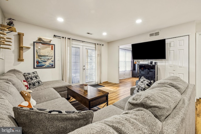 living room with french doors and wood-type flooring