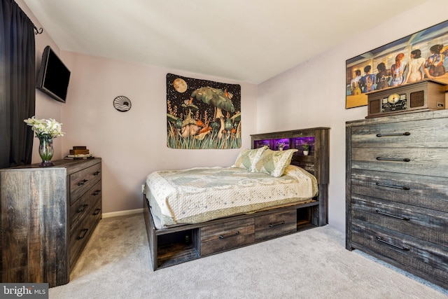 bedroom with light colored carpet