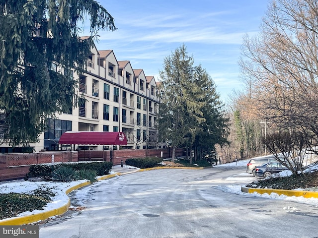 view of snow covered property