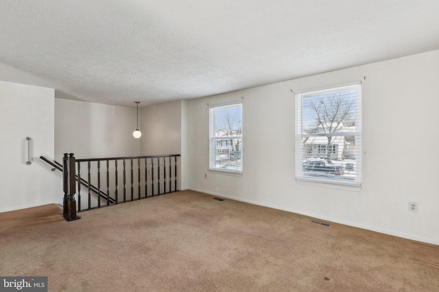 carpeted empty room with a wealth of natural light and a textured ceiling