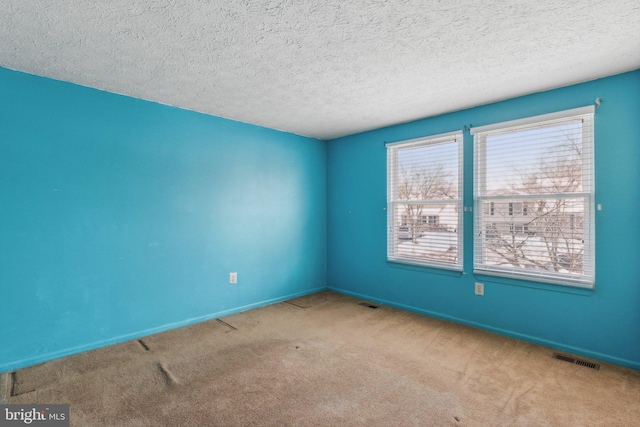 empty room with light colored carpet and a textured ceiling