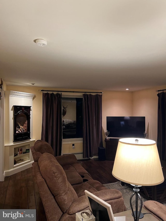 living room with dark hardwood / wood-style flooring