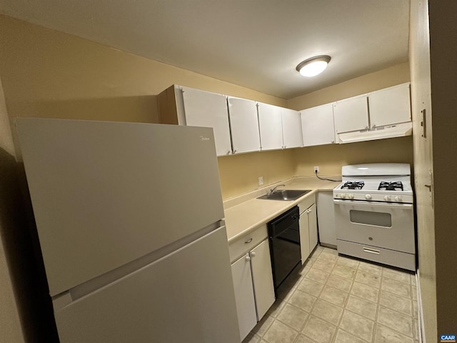 kitchen featuring white appliances, sink, and white cabinets