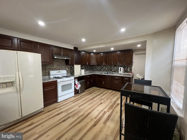 kitchen featuring tasteful backsplash, sink, dark brown cabinetry, light hardwood / wood-style floors, and white appliances