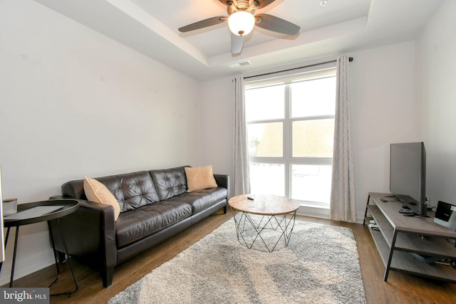 living room with wood-type flooring, a raised ceiling, and a wealth of natural light