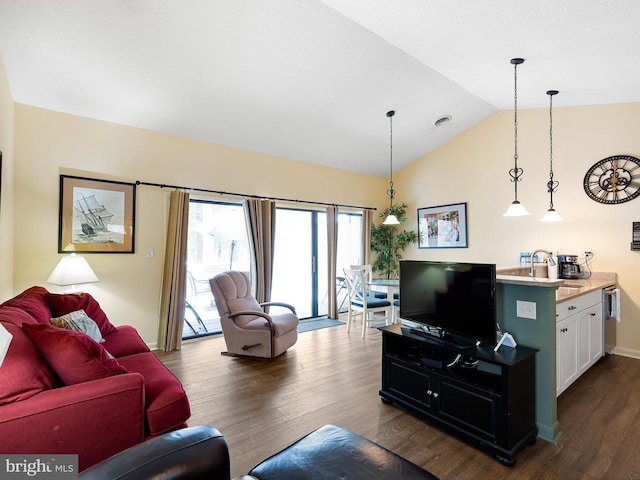 living room with lofted ceiling, sink, and dark hardwood / wood-style flooring