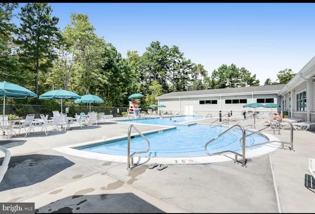 view of swimming pool featuring a patio area