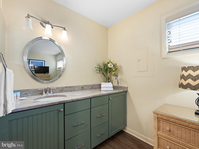 bathroom featuring wood-type flooring, electric panel, and vanity