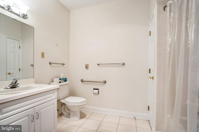 bathroom with tile patterned flooring, vanity, curtained shower, and toilet