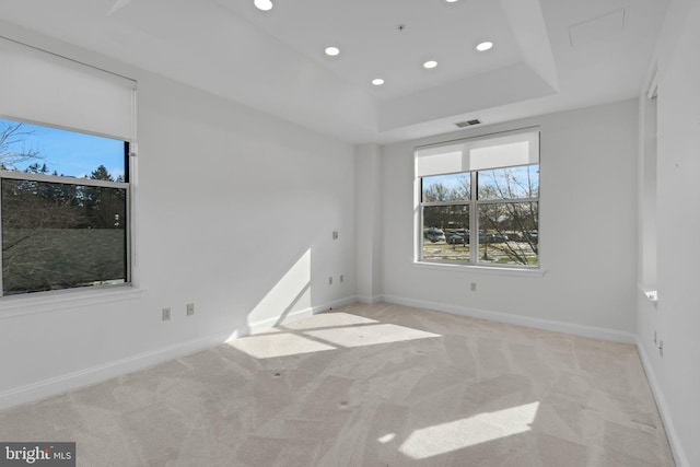 empty room with a tray ceiling and light carpet