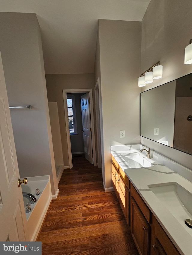 bathroom with vanity, wood-type flooring, and a tub