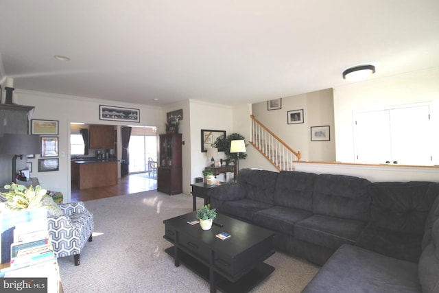 living room with light carpet and ornamental molding