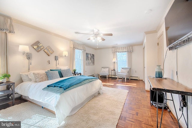 bedroom featuring ornamental molding, parquet flooring, and ceiling fan