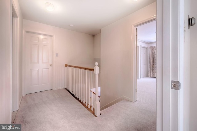 corridor featuring light colored carpet