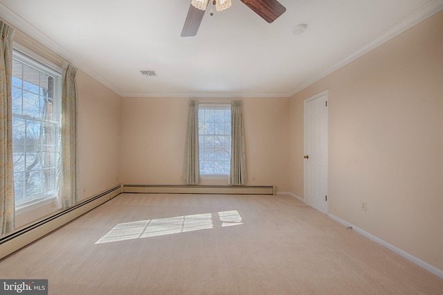 unfurnished room featuring a healthy amount of sunlight, light colored carpet, ornamental molding, and baseboard heating