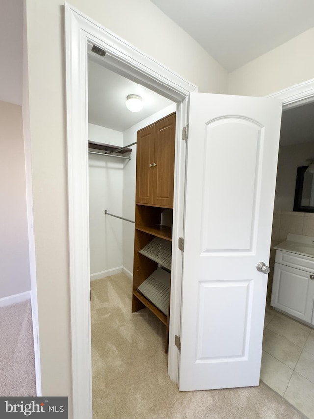 walk in closet with light colored carpet