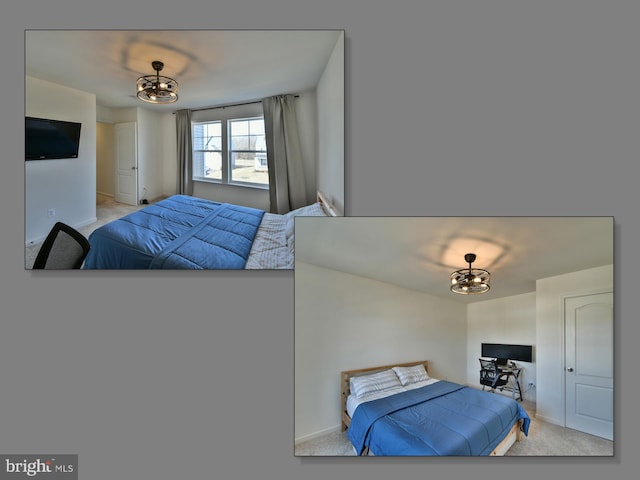 bedroom featuring baseboards, carpet floors, and a chandelier