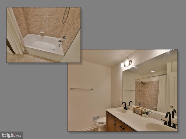 bathroom with visible vents, shower / bath combination with curtain, toilet, and a sink