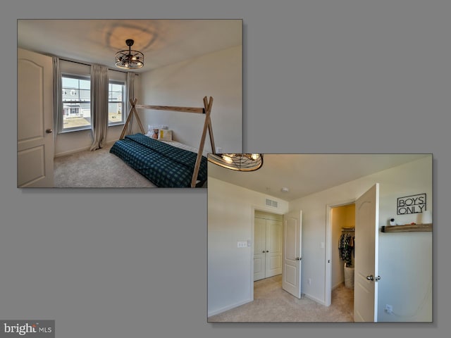 carpeted bedroom featuring visible vents, a walk in closet, and baseboards