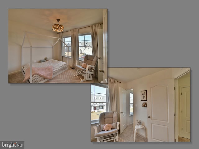 bedroom with a chandelier and carpet flooring