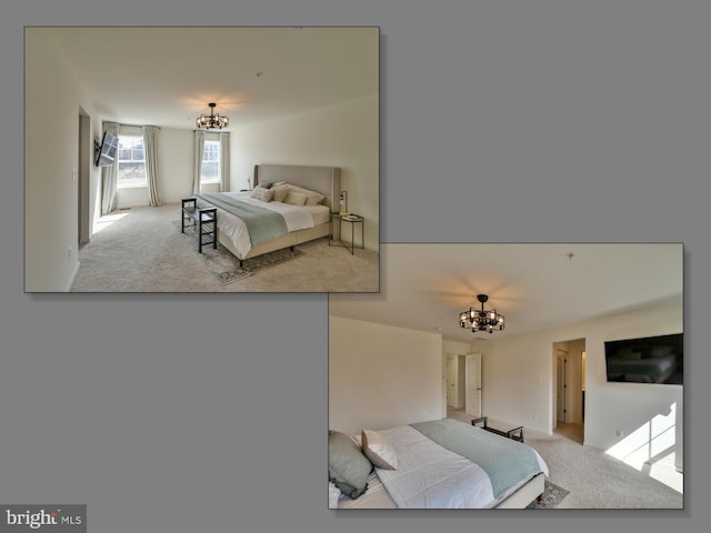 carpeted bedroom featuring a chandelier