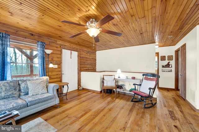 living area with rustic walls, wooden ceiling, baseboards, and wood finished floors