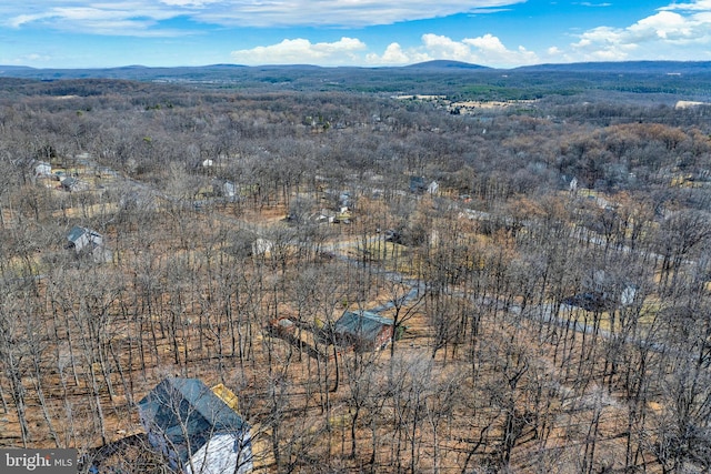 drone / aerial view with a forest view and a mountain view