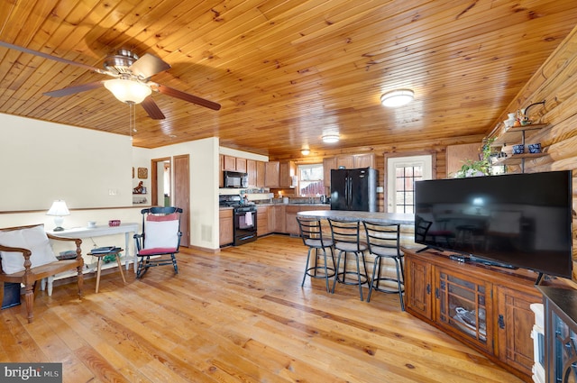 living room featuring light wood-type flooring, wooden ceiling, and ceiling fan