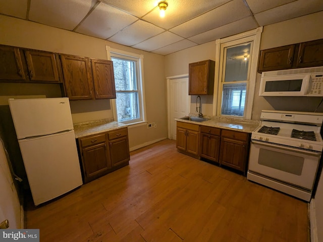 kitchen featuring white appliances, sink, a paneled ceiling, and light wood-type flooring