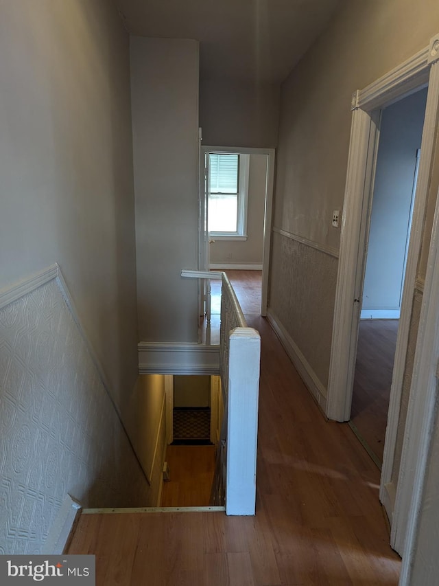 stairs featuring hardwood / wood-style flooring