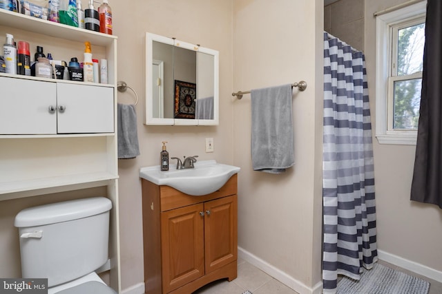 bathroom featuring vanity, tile patterned flooring, toilet, and a shower with shower curtain