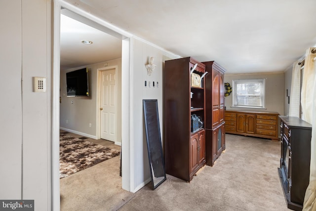 kitchen featuring light colored carpet