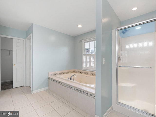 full bathroom with recessed lighting, baseboards, a shower stall, tile patterned floors, and a whirlpool tub