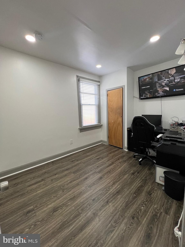 home office featuring dark wood-type flooring