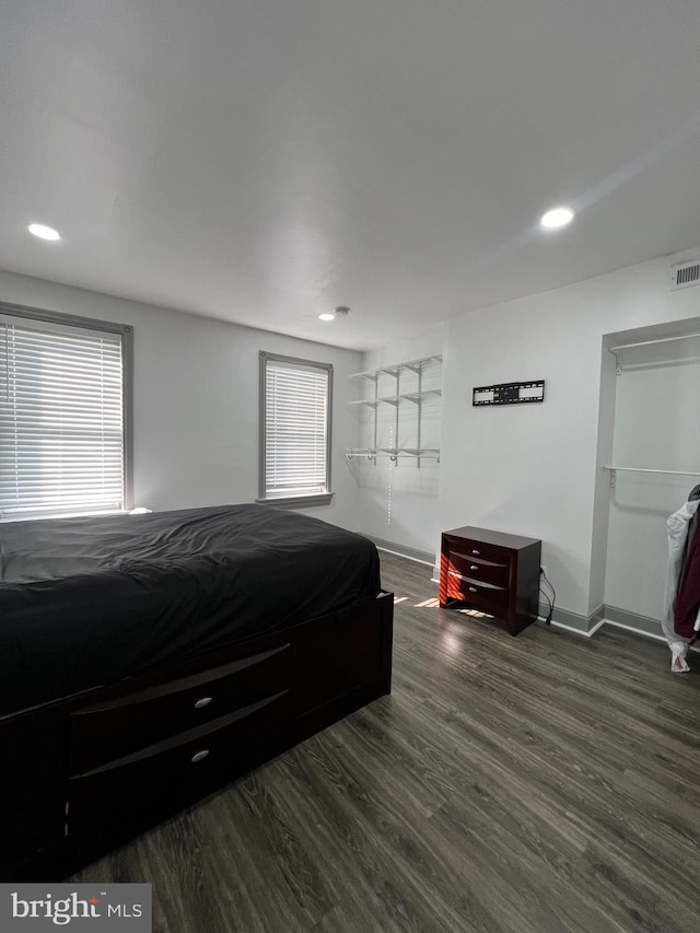 bedroom featuring multiple windows and dark hardwood / wood-style floors