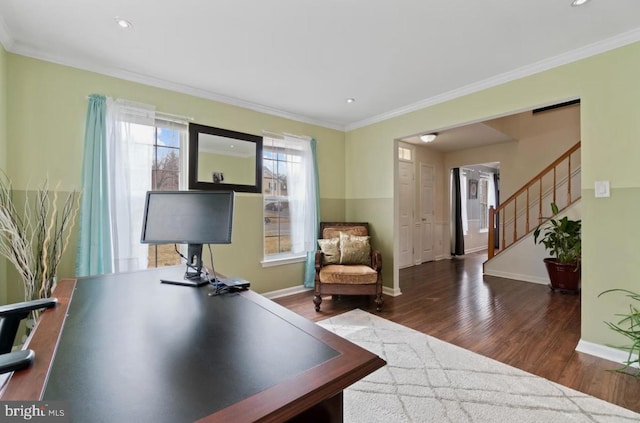 office area with crown molding and dark hardwood / wood-style floors