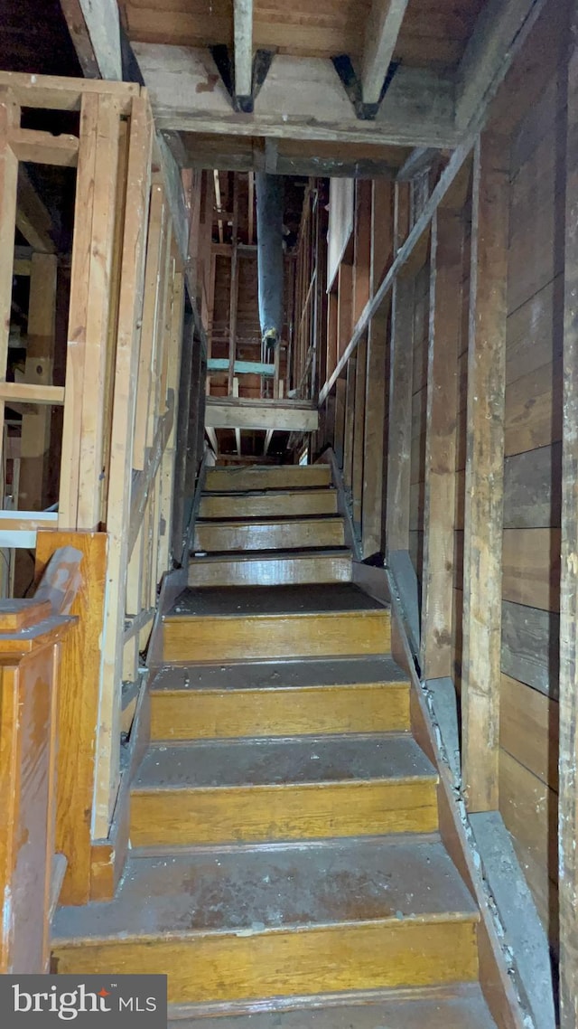 stairway featuring wood walls