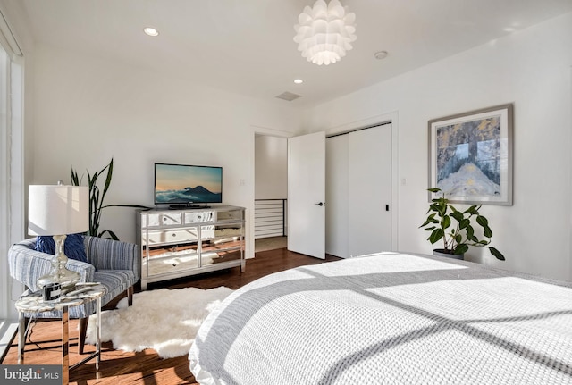 bedroom featuring dark wood-type flooring and a closet