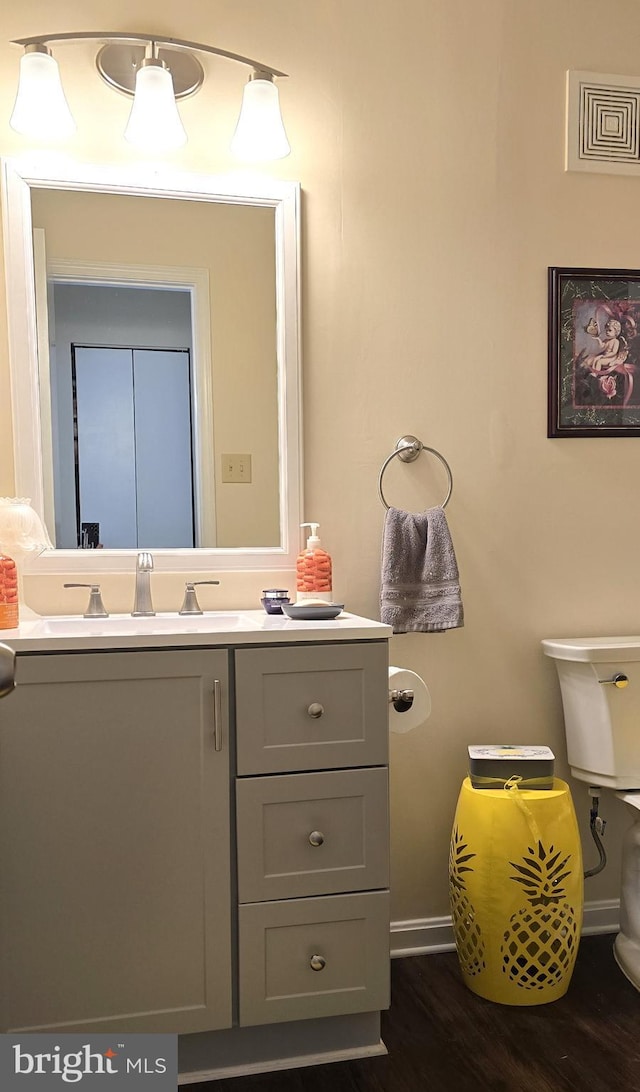 bathroom featuring hardwood / wood-style flooring and vanity