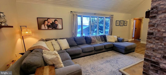 living room with hardwood / wood-style floors, vaulted ceiling, wooden ceiling, and baseboard heating