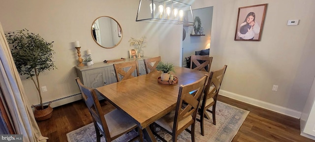 dining space featuring dark hardwood / wood-style flooring and baseboard heating