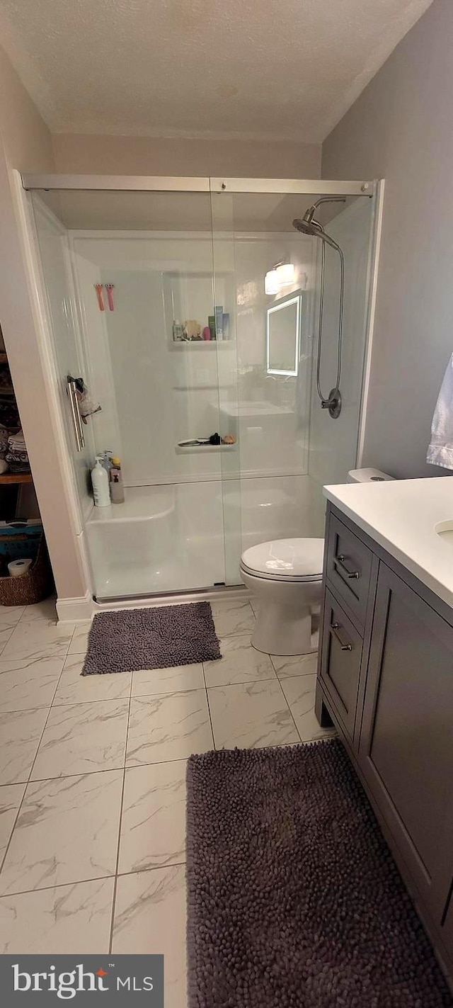 bathroom featuring a shower with door, vanity, a textured ceiling, and toilet