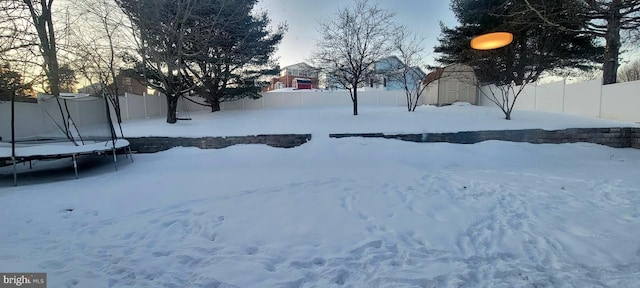 yard layered in snow with a shed and a trampoline