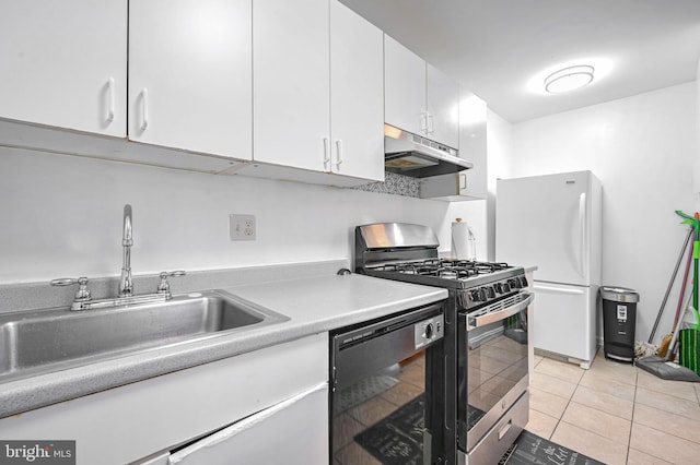 kitchen featuring dishwasher, sink, white cabinets, white fridge, and stainless steel gas range