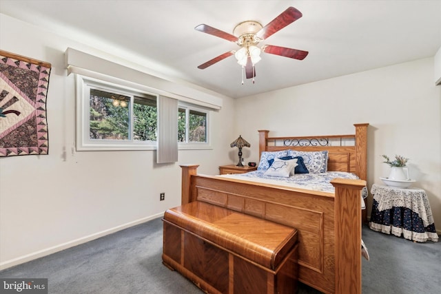 bedroom with ceiling fan and dark carpet