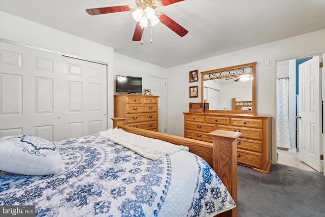 bedroom featuring a closet, ceiling fan, and carpet