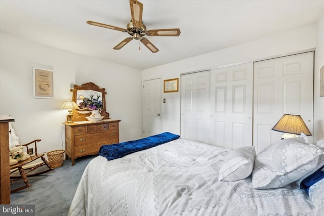 bedroom with ceiling fan, carpet flooring, and a closet