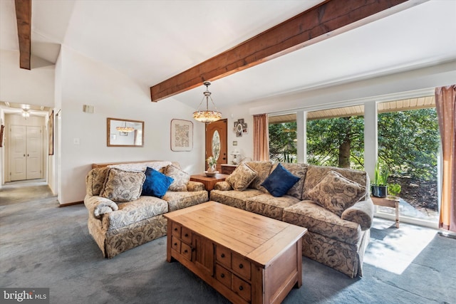 carpeted living room with vaulted ceiling with beams