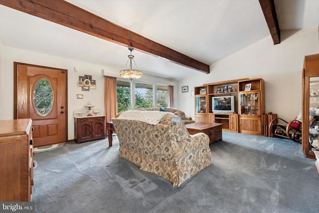 carpeted living room featuring lofted ceiling with beams