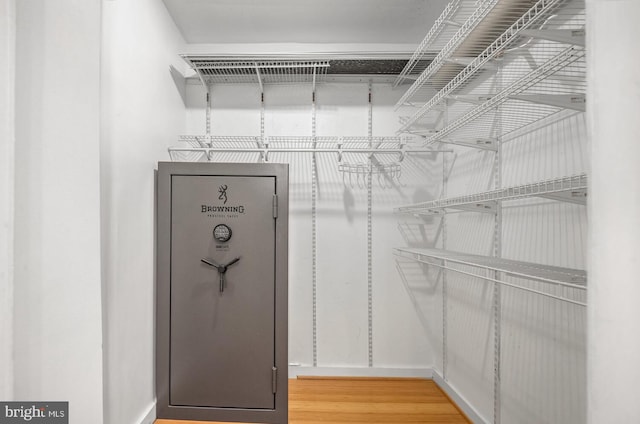 walk in closet with wood-type flooring